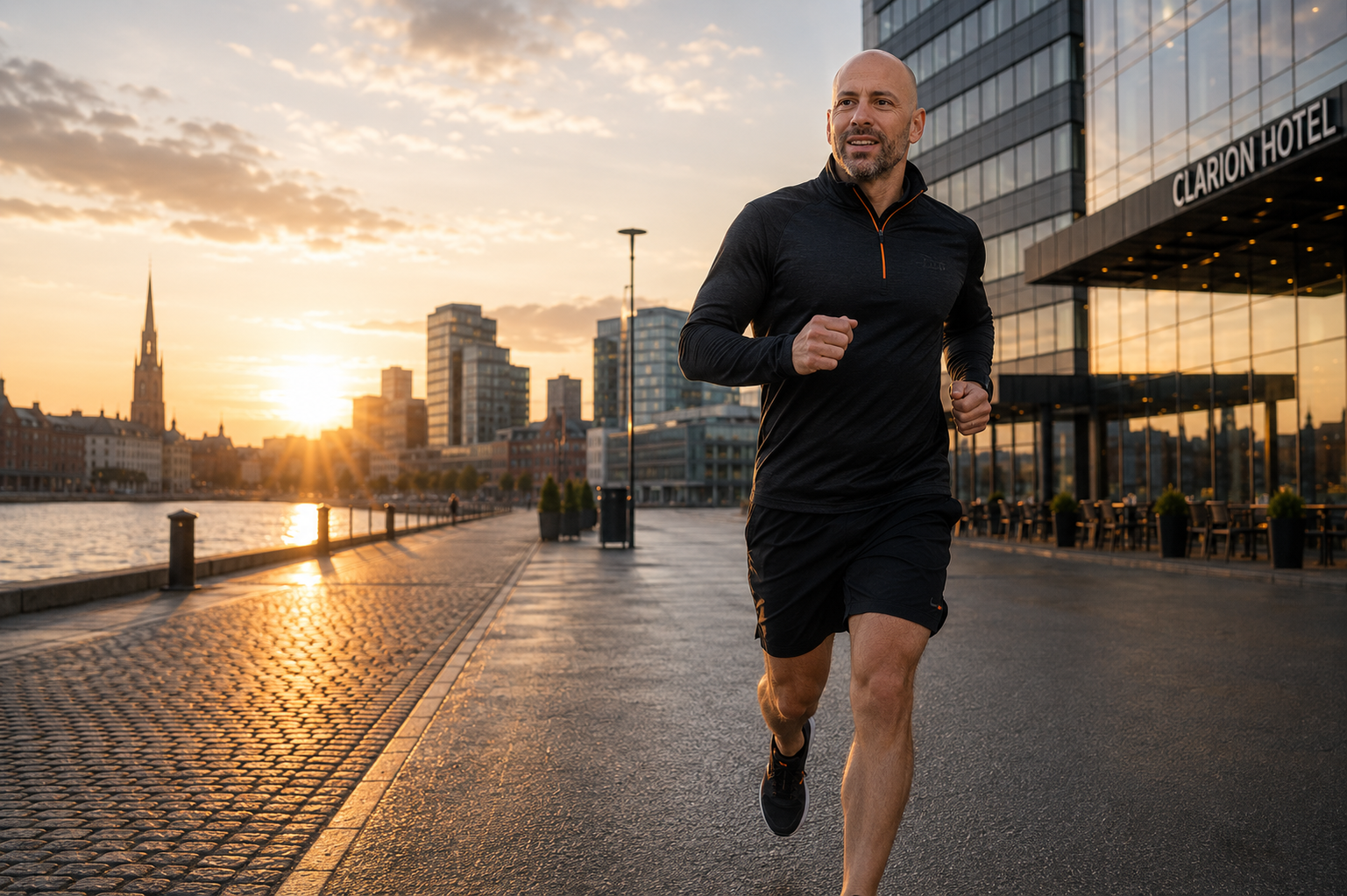 Michael Tomasini running during business travel, representing practical running structure and strength for busy professionals.